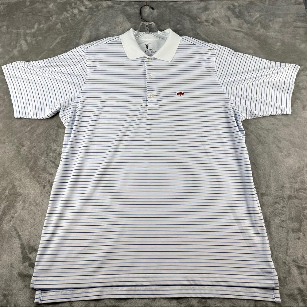 F&G Tech Polo Shirt Mens XL Striped White Blue Tree Logo Short Sleeve EUC